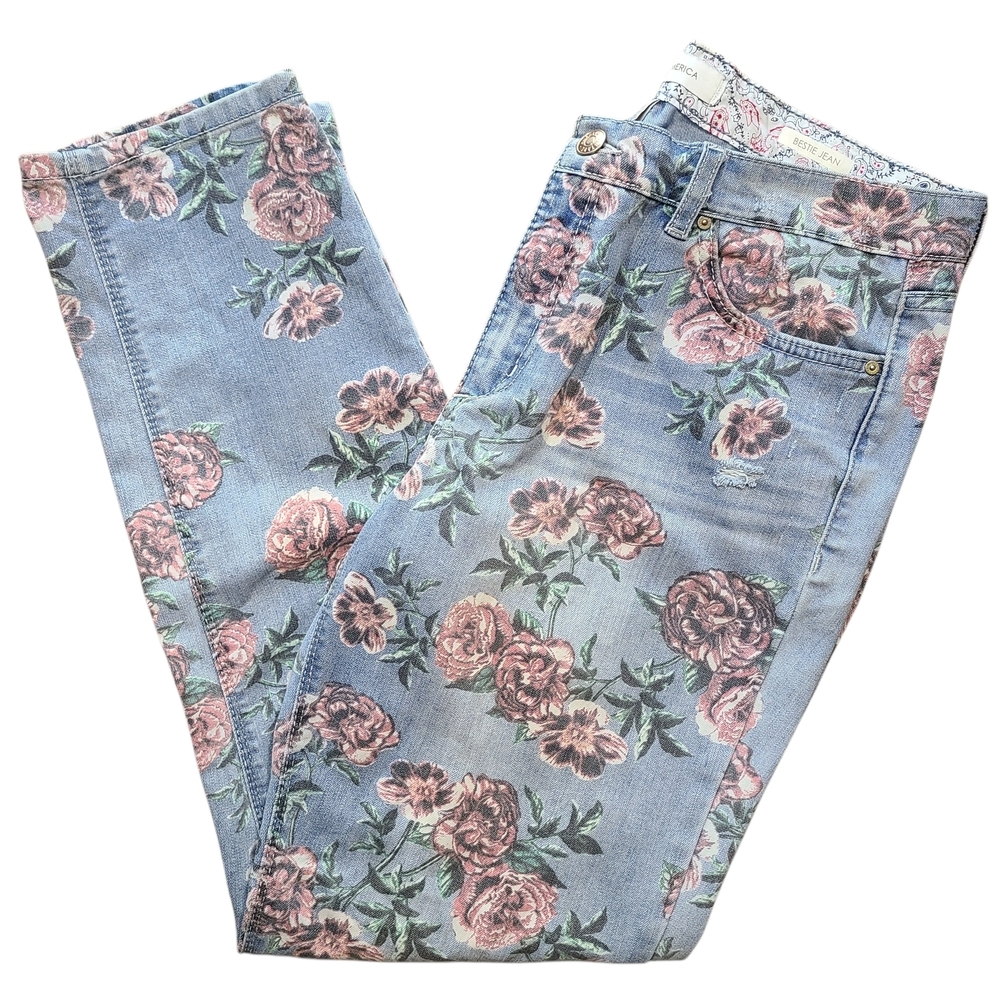 Vintage America Floral Skinny Jeans Rose Print Denim Women 10 Cottagecore Spring - Picture 6 of 11